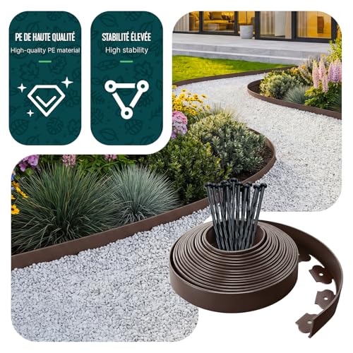 Detalle de VOUNOT Bordo Giardino Flessibile 10 m – Bordura aiuole plastica marrone con 30 chiodi di fissaggio, 5 cm di altezza