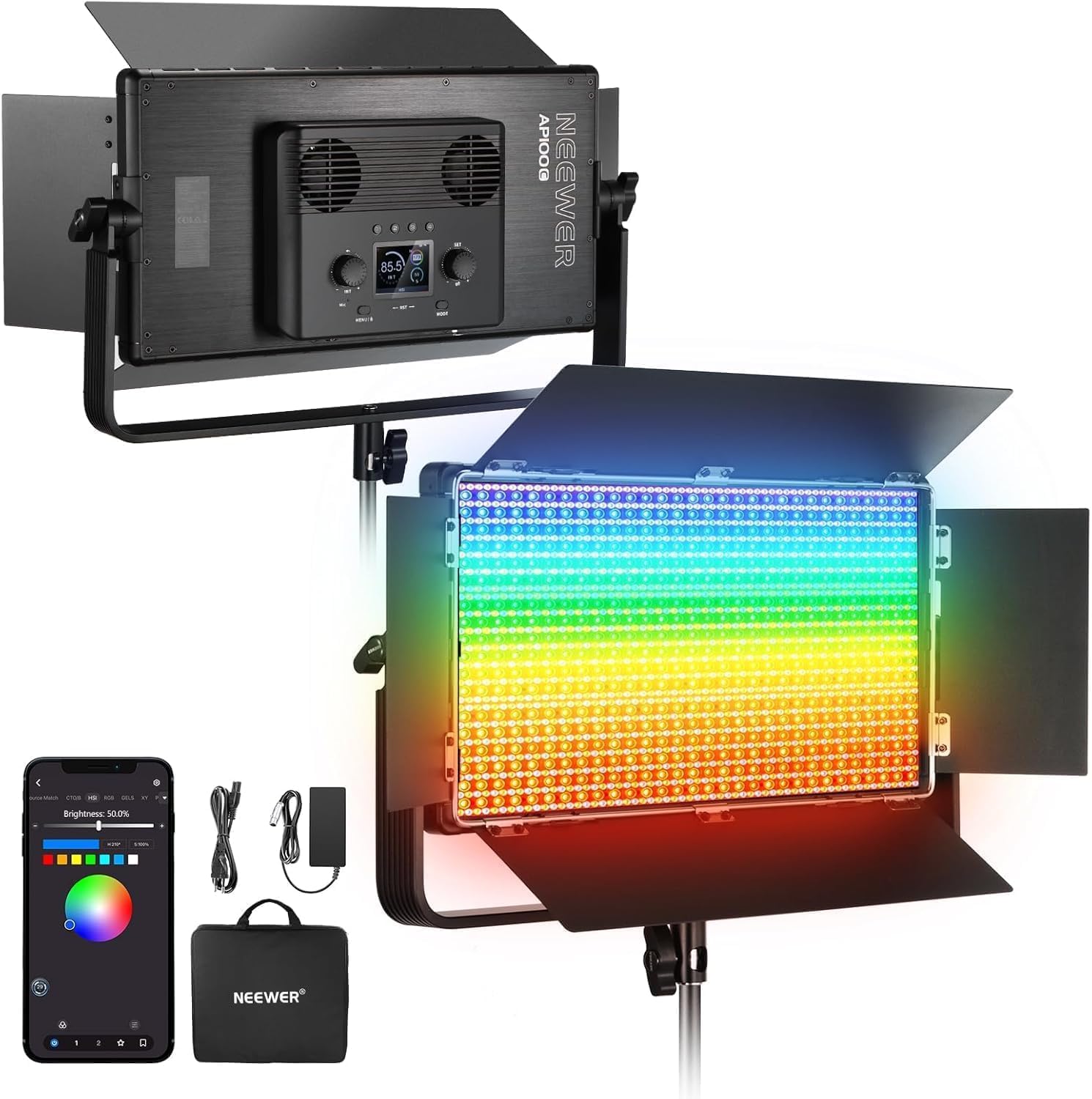 NEEWER AP100C : kit panneau LED vidéo RGB 105W avec volets coupe-flux, contrôle app/2,4G et DMX