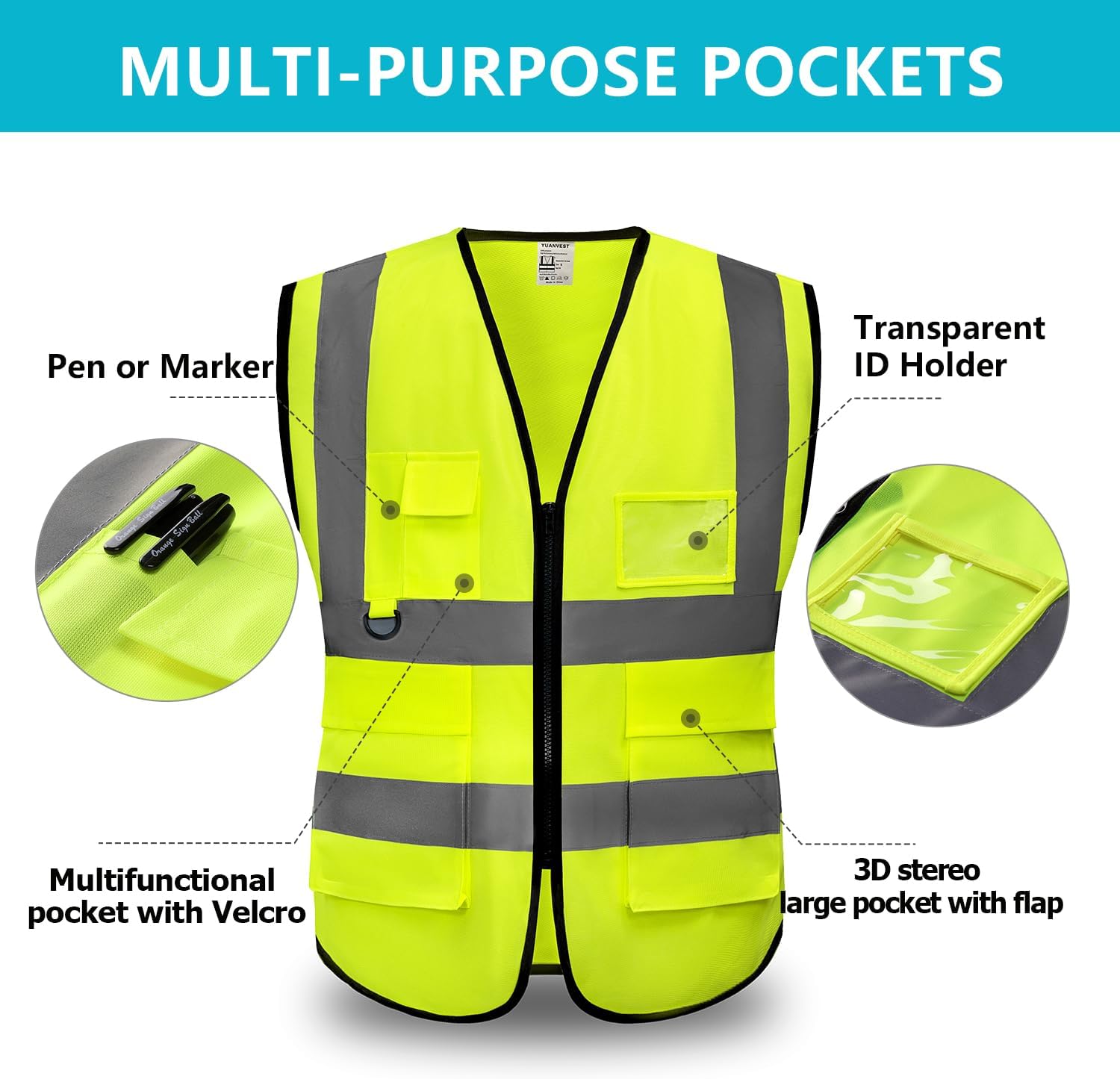 Detalle de YUANVEST Hi Vis Vest with 5 Pockets