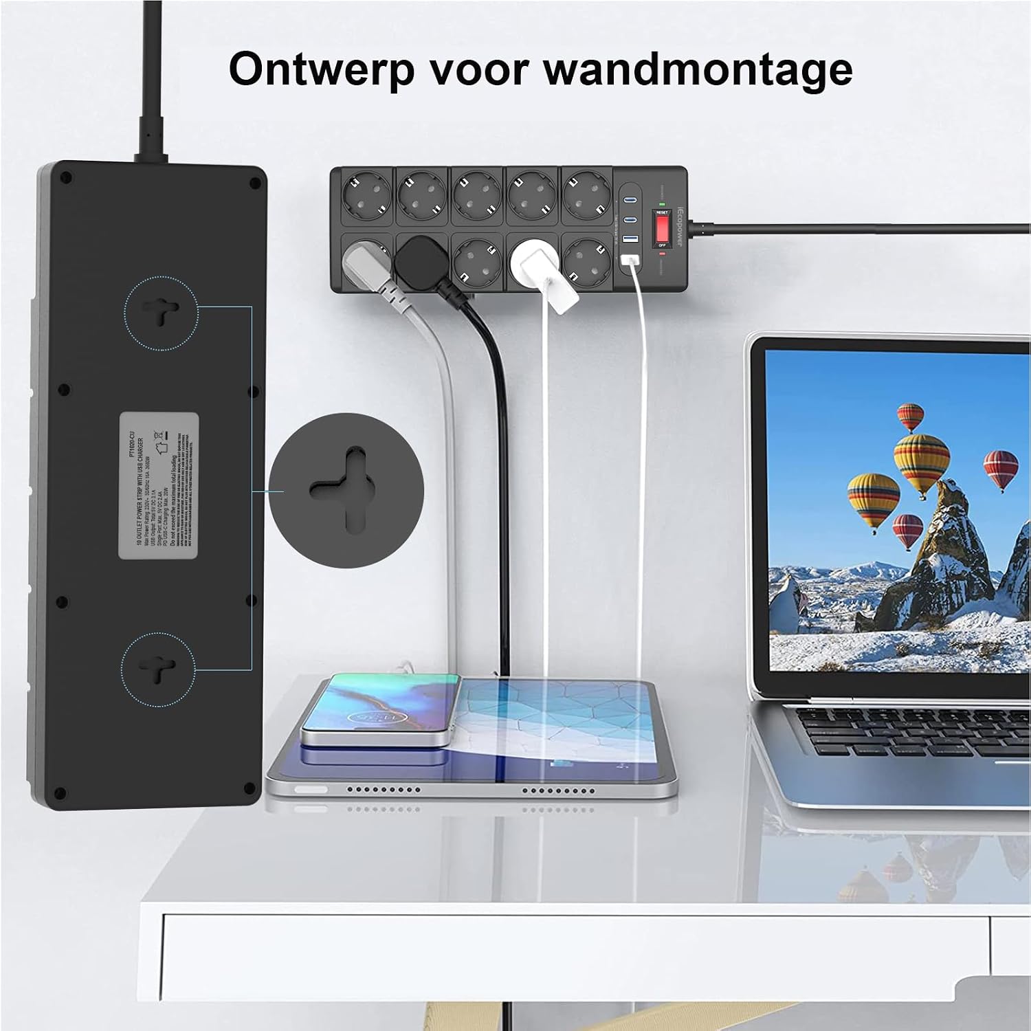 Detalle 1 de IECOPOWER PT1020-5M stekkerdoos met 10 stopcontacten, USB-C PD 20 W en 5 m kabel