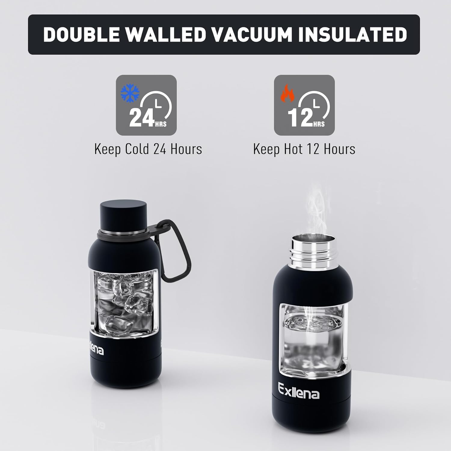 Detalle 2 de Exllena 350ml Double Wall Vacuum Insulated Bottle with Clip (Black) – Keeps Drinks Cold for 24h, Hot for 12h