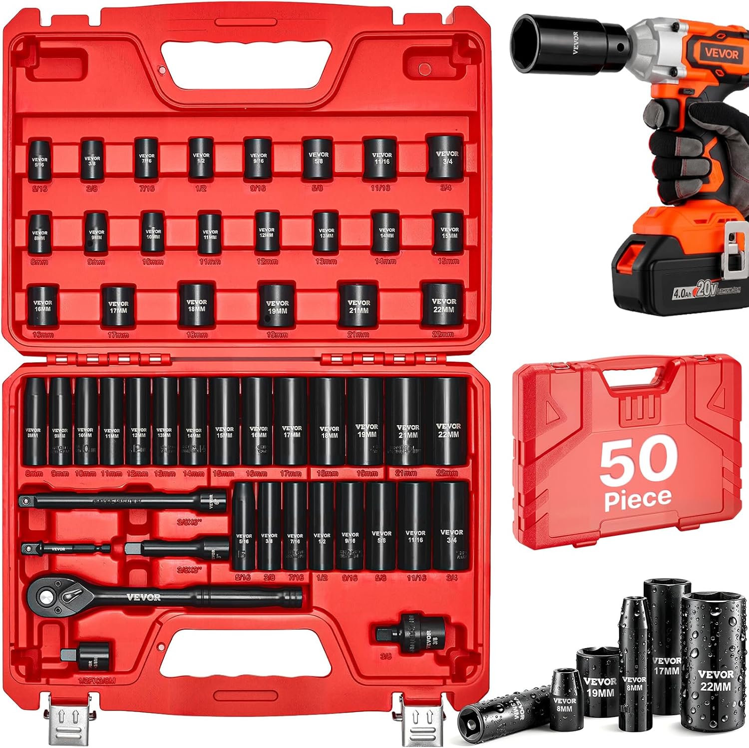 Detalle de VEVOR 50-Piece 3/8 Drive Socket Set