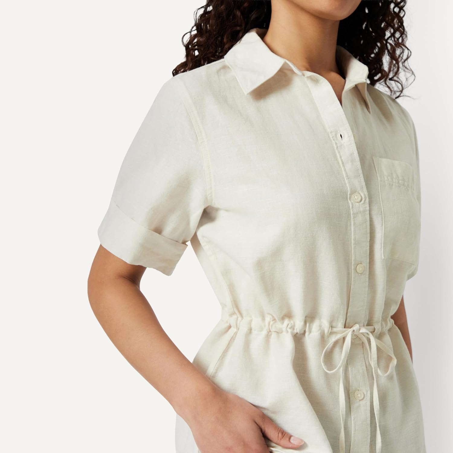 Detalle de Amazon Essentials Women's Relaxed-Fit Linen Blend Wide-Sleeve Shirt with Adjustable Waist