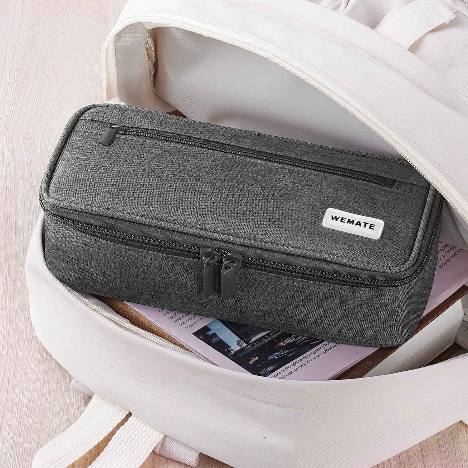 Thumbnail 6 de WEMATE Large Canvas Pencil Case (Grey) with Zipper and 5 Compartments