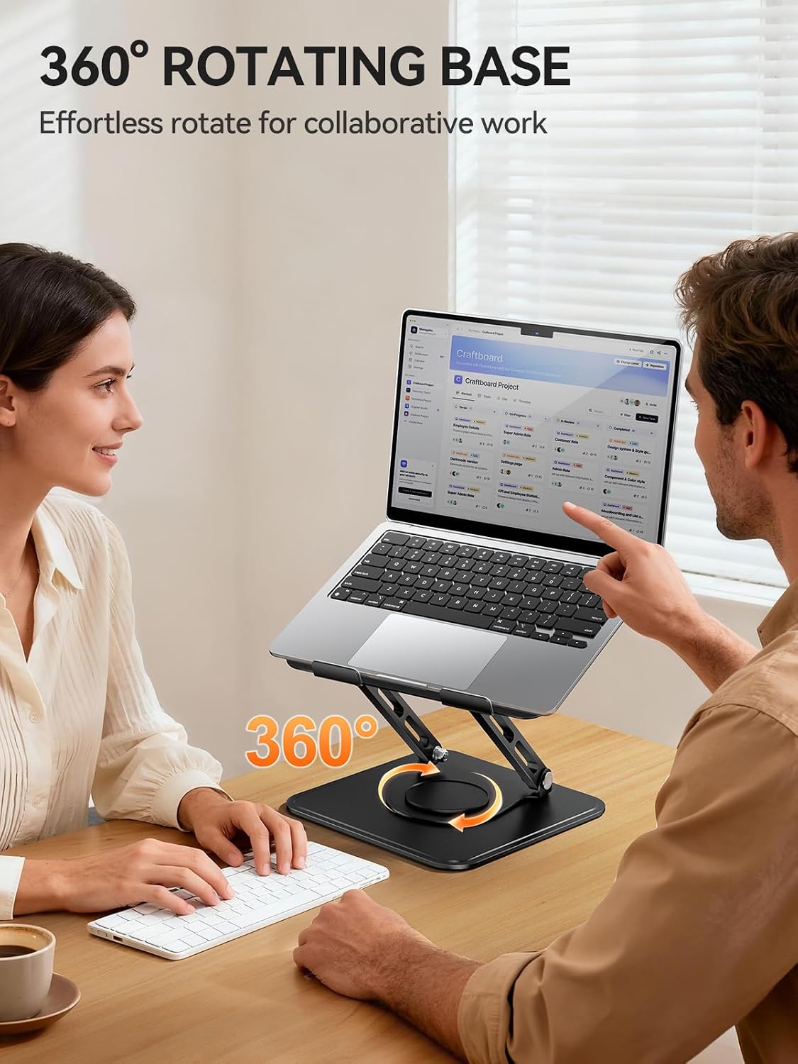Detalle de tounee Laptop Stand for Desk — Adjustable, 360° Rotating Base, Ergonomic Riser for All Laptops 10–15.6" (Black)