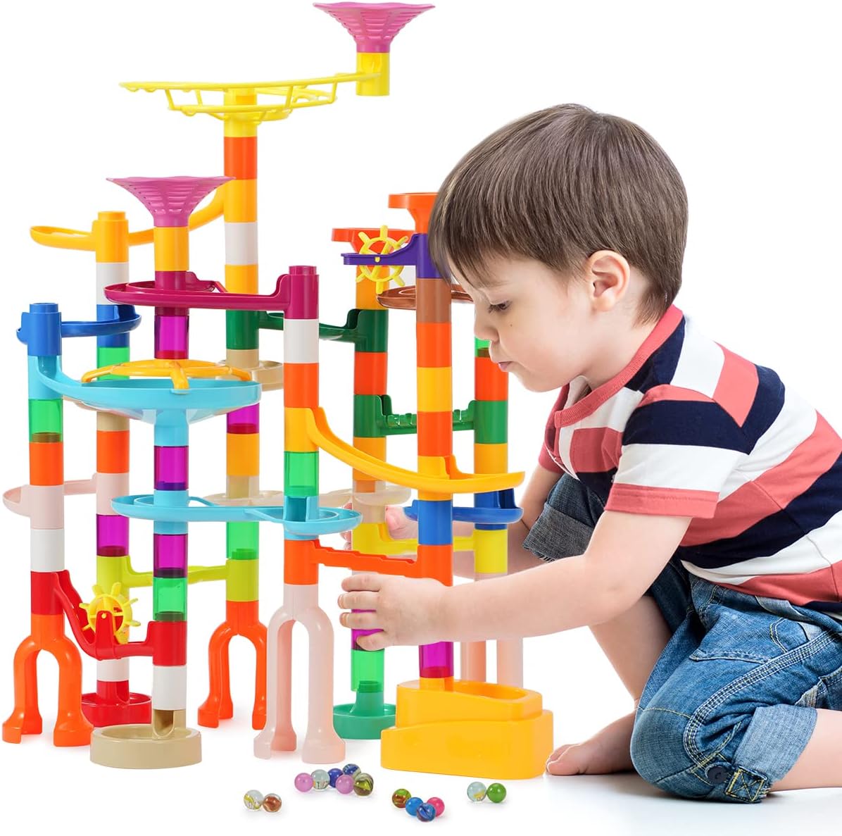 Detalle de ifollower Murmelbahn Kinderspiel – Update mit 166 Teilen, mehrfarbige Kugelbahn & Glasmurmeln (3–12 Jahre)