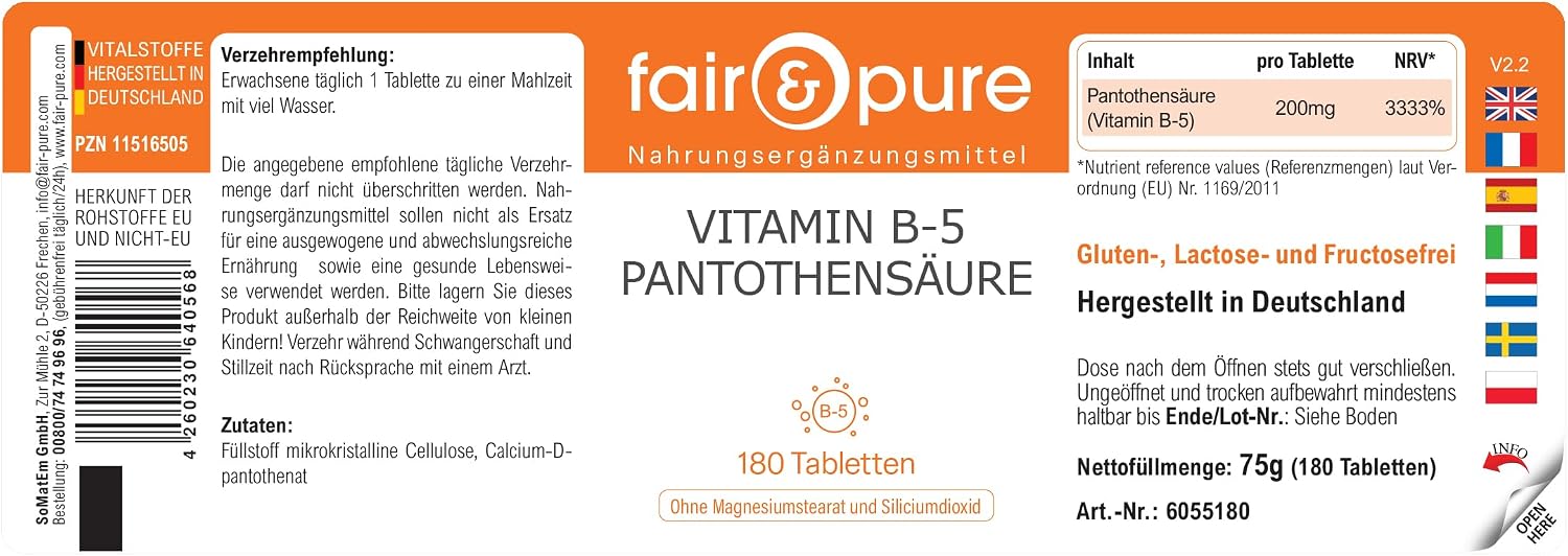 Thumbnail 6 de Fair & Pure Vitamin B5 200 mg Pantothensäure – 180 Tabletten, vegan, ohne Magnesiumstearat, hergestellt in Deutschland