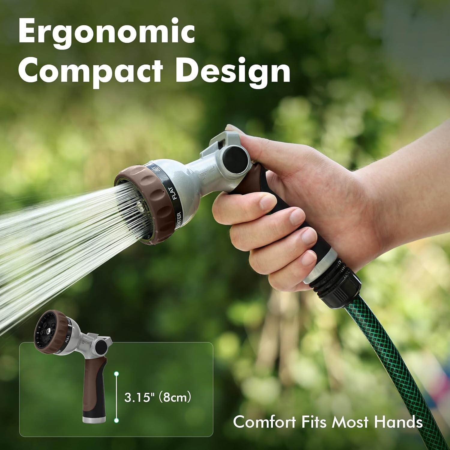 Detalle de RESTMO O-HN-2T-BN Metal Garden Hose Nozzle, 7 Spray Patterns, Thumb Control