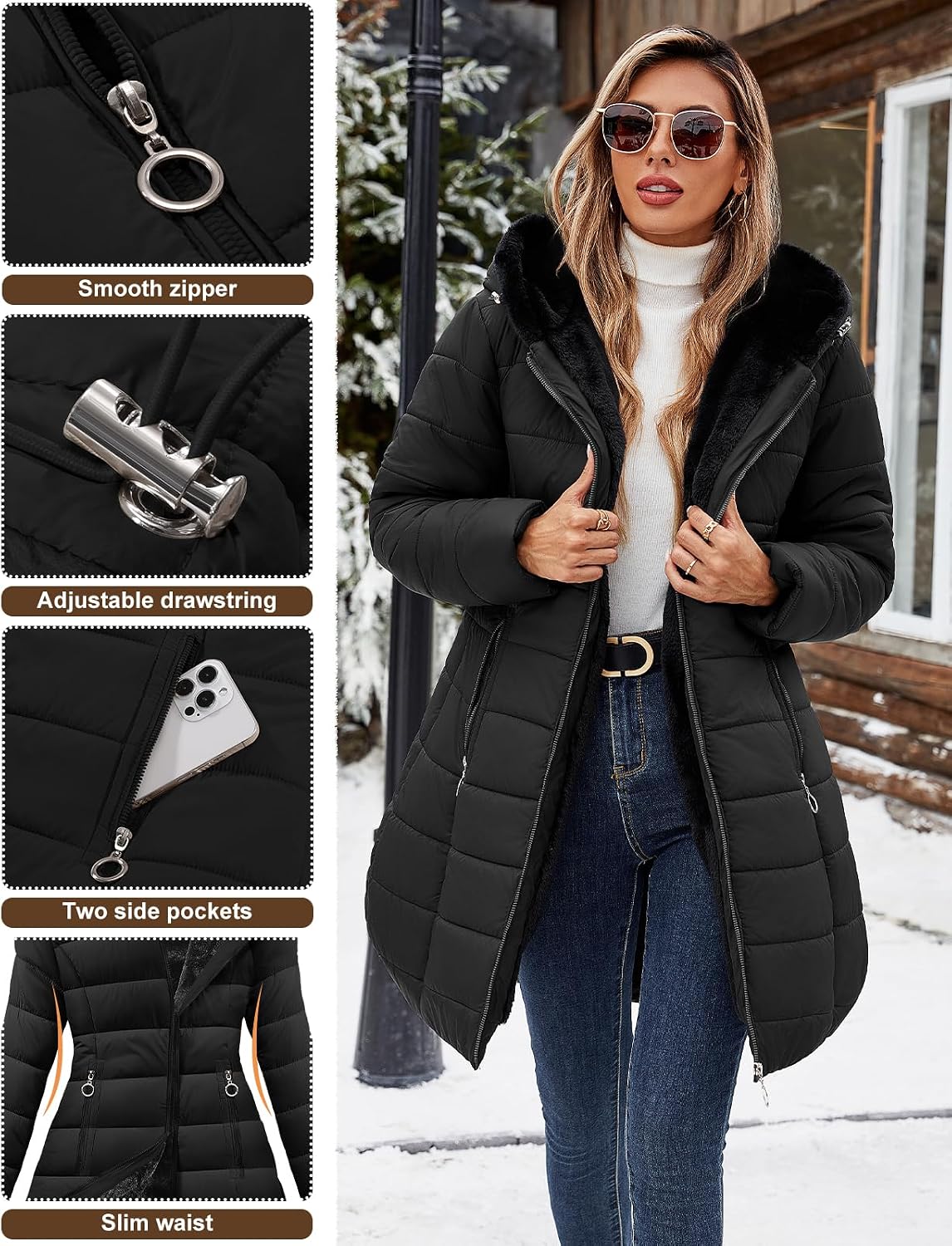 Detalle 2 de VXVGER Women's Long Fleece-Lined Hooded Coat, Wind-Resistant with Pockets