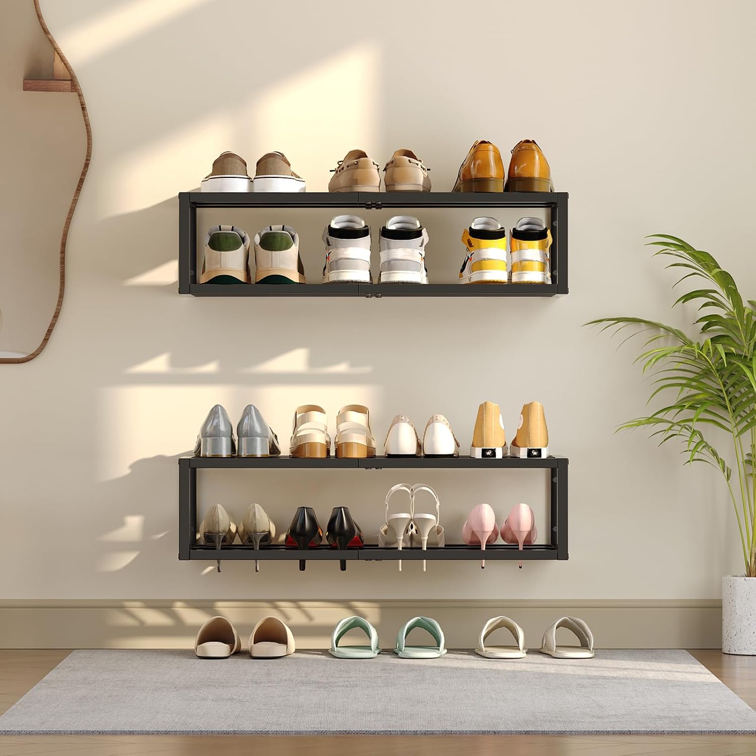 Detalle de HOOBRO BK44XJP201 schoenenrek voor aan de muur, set van 2, zwart metaal