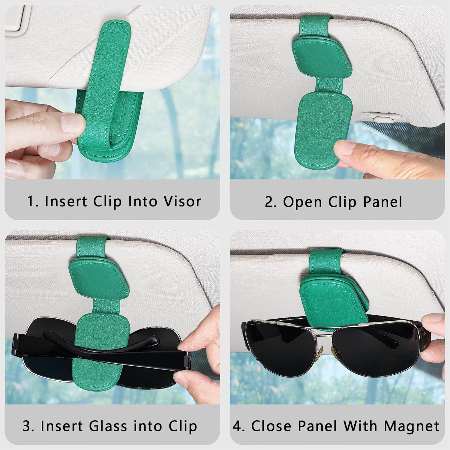 Thumbnail 5 de Quipuda 2-pack Genuine Leather Sunglasses Holder for Car Sun Visor (Magnetic) – Green