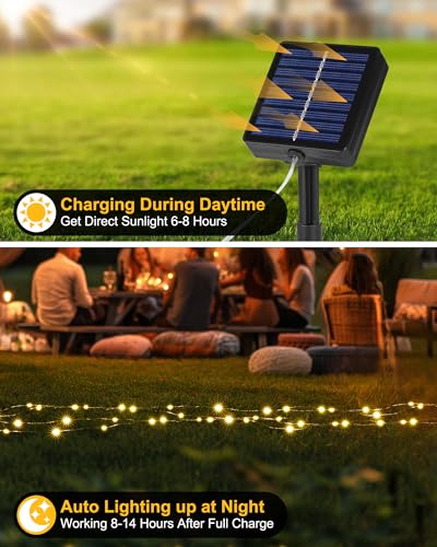 Detalle de Tacobey 2 Pack Guirnaldas Luces Exterior Solar, 20M, 200 LED – 8 Modos, Temporizador y Cables de Cobre (Blanco Cálido)