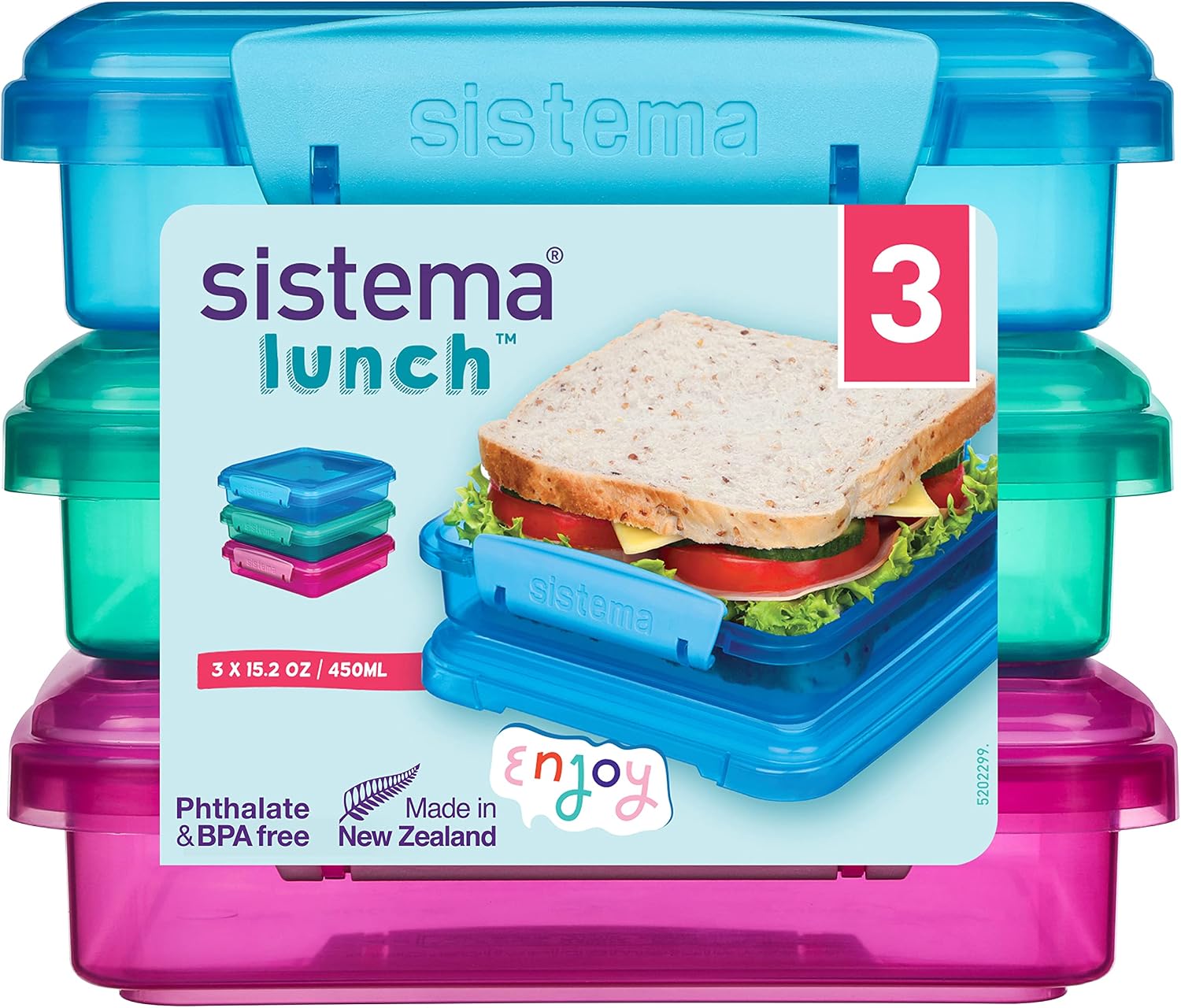 Sistema Lunch boîtes à sandwich – Lot de 3 boîtes 450 ml, couleurs assorties