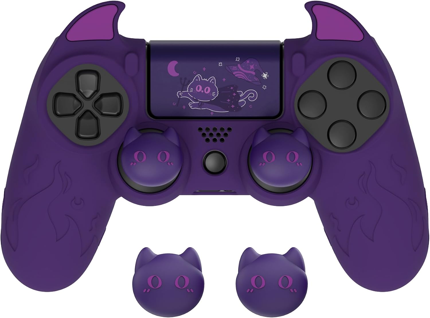 Detalle de PlayVital Protection silicone cover for PS4 controller with joystick cap set (purple demon design)
