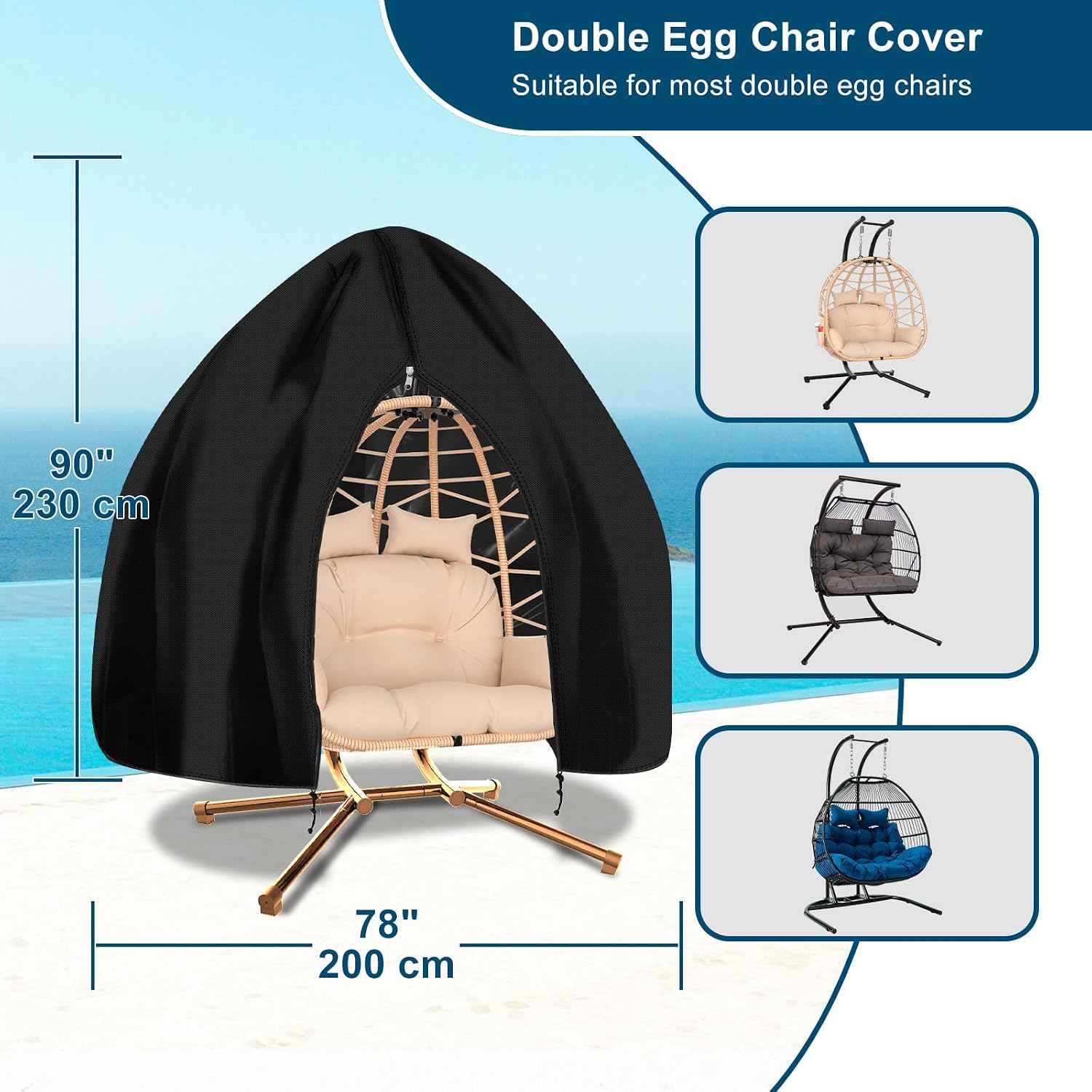 Thumbnail 1 de RICHIE Egg Chair Cover (420D Heavy Duty Oxford) – Waterproof outdoor cocoon swing egg chair cover, 200 x 230cm, black