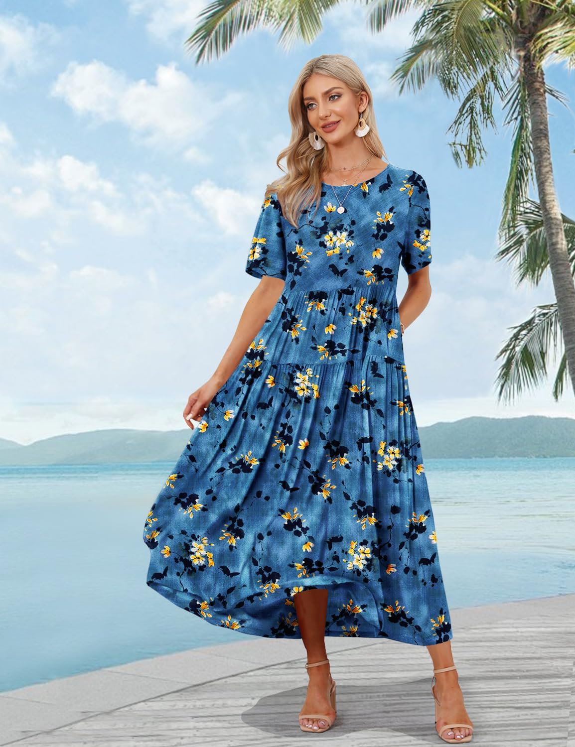 Detalle de YESNO Damen Sommer-Maxikleid aus Baumwolle mit Blumendruck und verstellbaren Trägern
