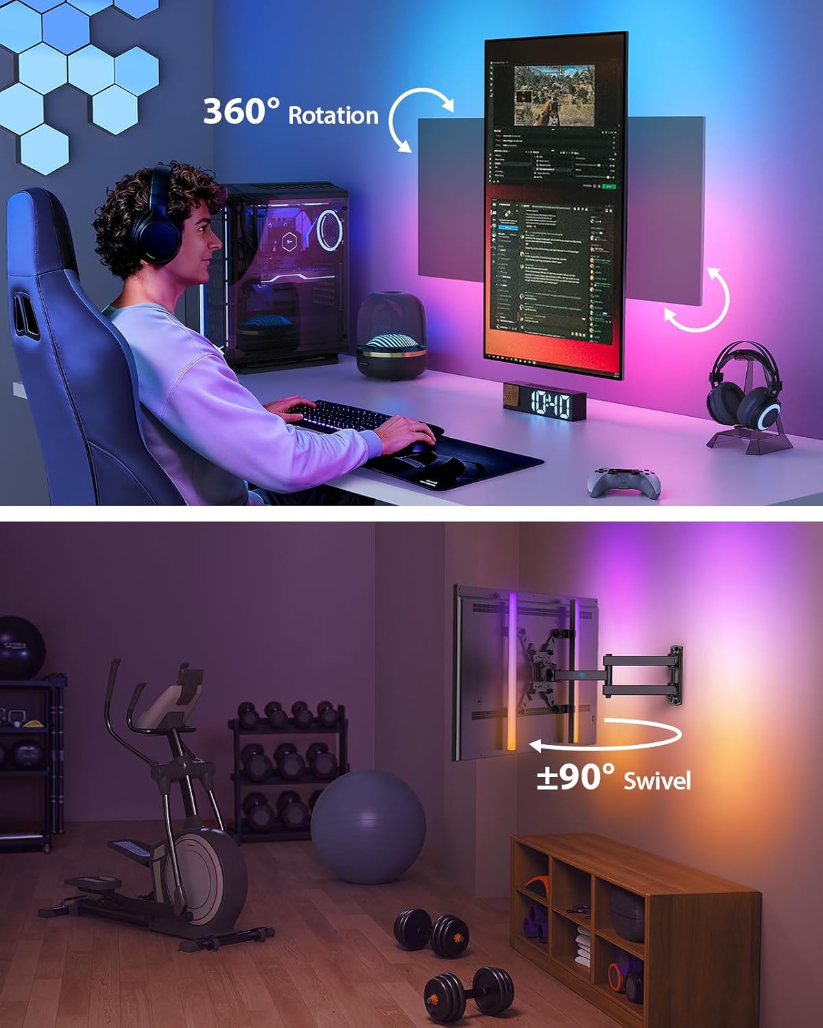 Thumbnail 4 de PERLESMITH Voll-bewegliche TV Wandhalterung mit LED-Licht für 12"–42" TVs, VESA 200x200mm, Neigung, Drehung, Schwenkung und LED-Musik-Synchronisation