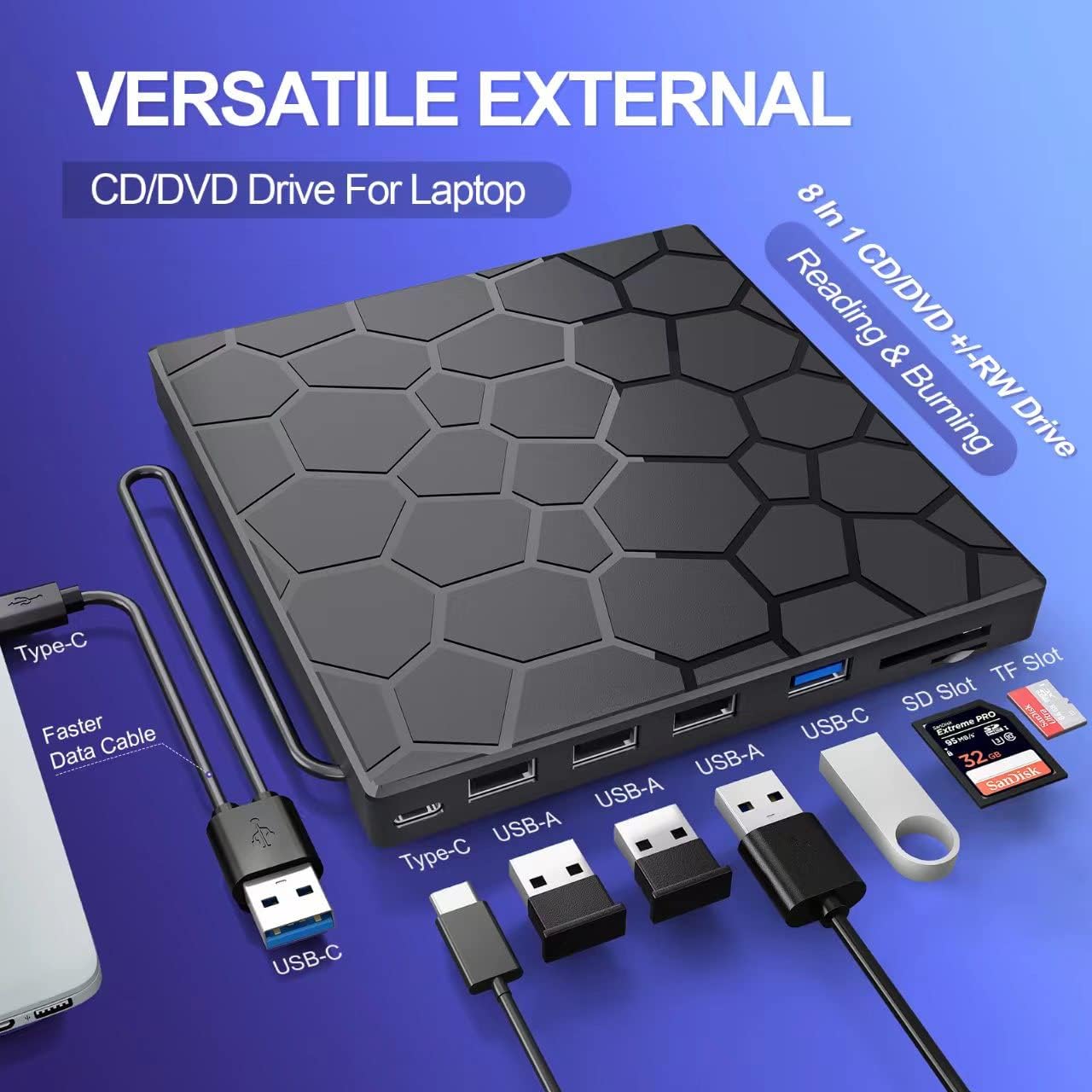 Detalle de BPAKDU 8-in-1 External CD/DVD Drive for Laptop with USB-C & USB 3.0