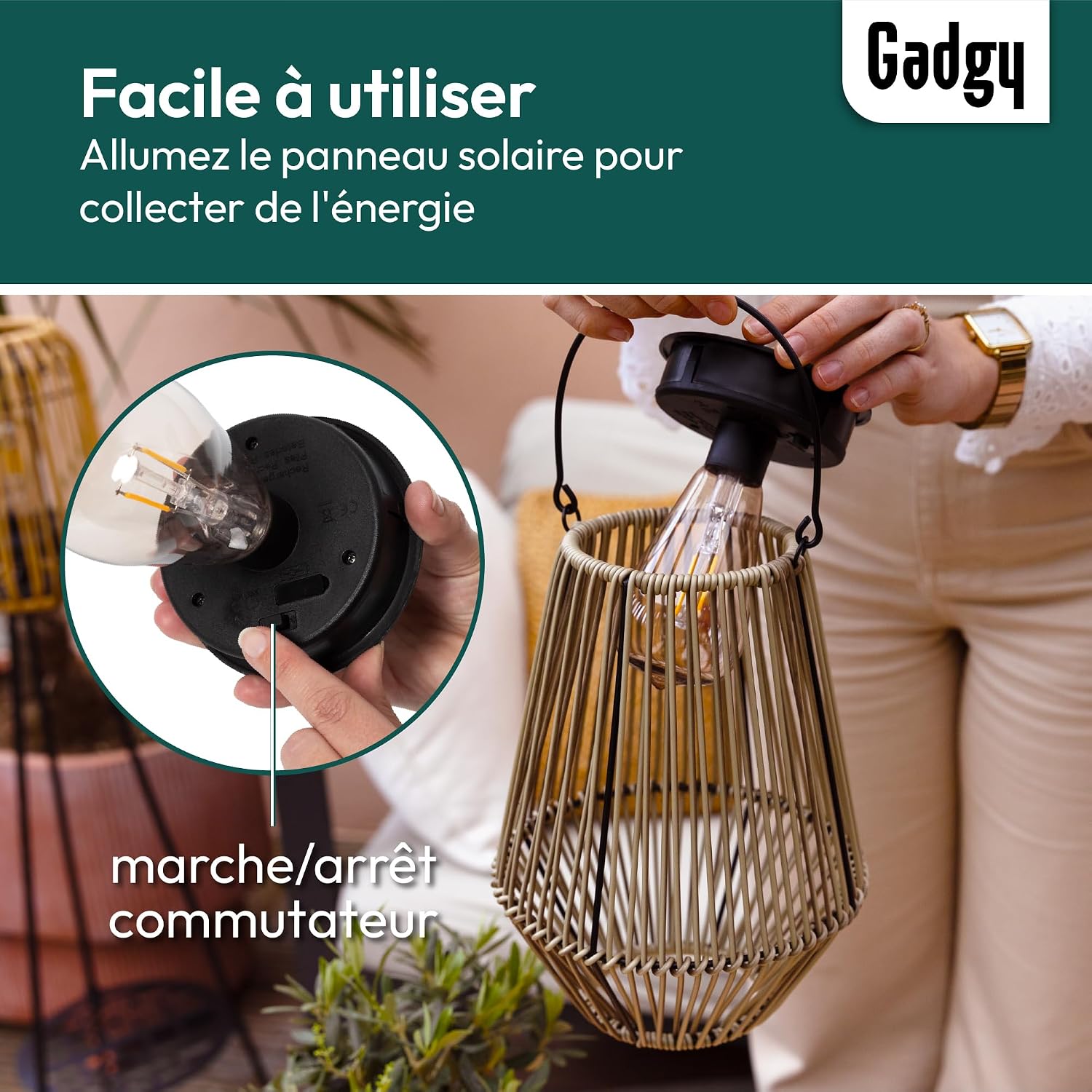 Thumbnail 6 de Gadgy GG0998 zonnelantaarn voor buiten, beige rotanlook, zonne-energie, 300 lm
