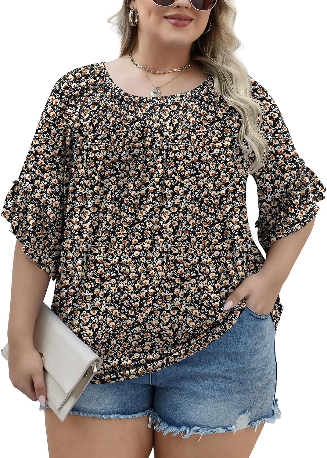 Detalle de Micoson Women’s Plus Size Pleated Ruffle Sleeve Top (3/4 Bell Sleeves), 1X–5X