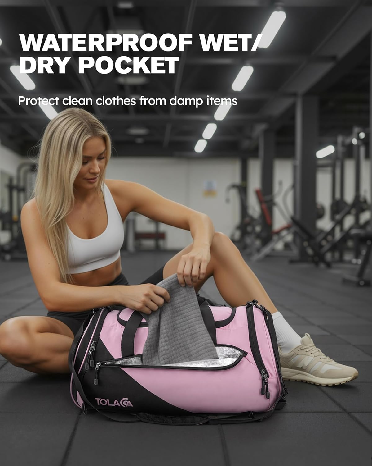 Detalle 2 de Tolaccea Sporttasche 47L – Damen & Herren, Schuhfach, Nassfach, 3-in-1 Tragemodi, Schwarz-Rosa