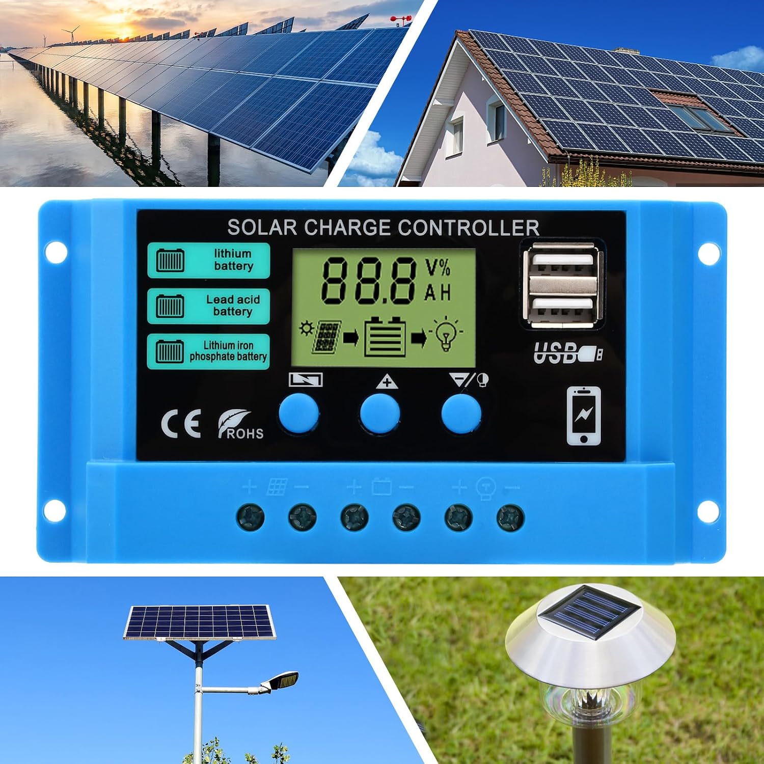Detalle 1 de diymore 30 A solcellsladdningsregulator för 12 V/24 V med LCD och USB