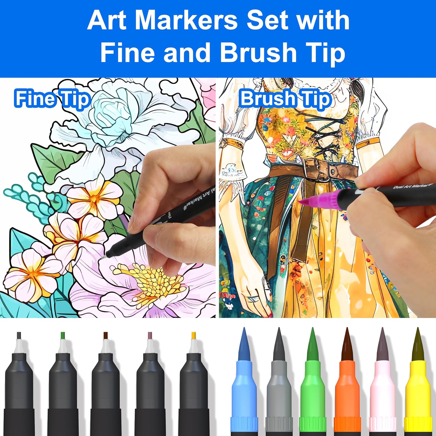 Detalle 2 de Halobios Dual Tip Brush Pens, 36 Colour Colouring Pens – Fine Liner and Brush Markers for Drawing and Calligraphy