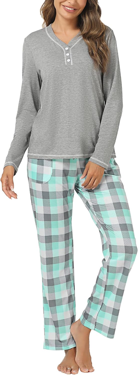 Thumbnail 1 de Uniexcosm Pyjama Femme en coton long – Ensemble à carreaux avec poches et col rond