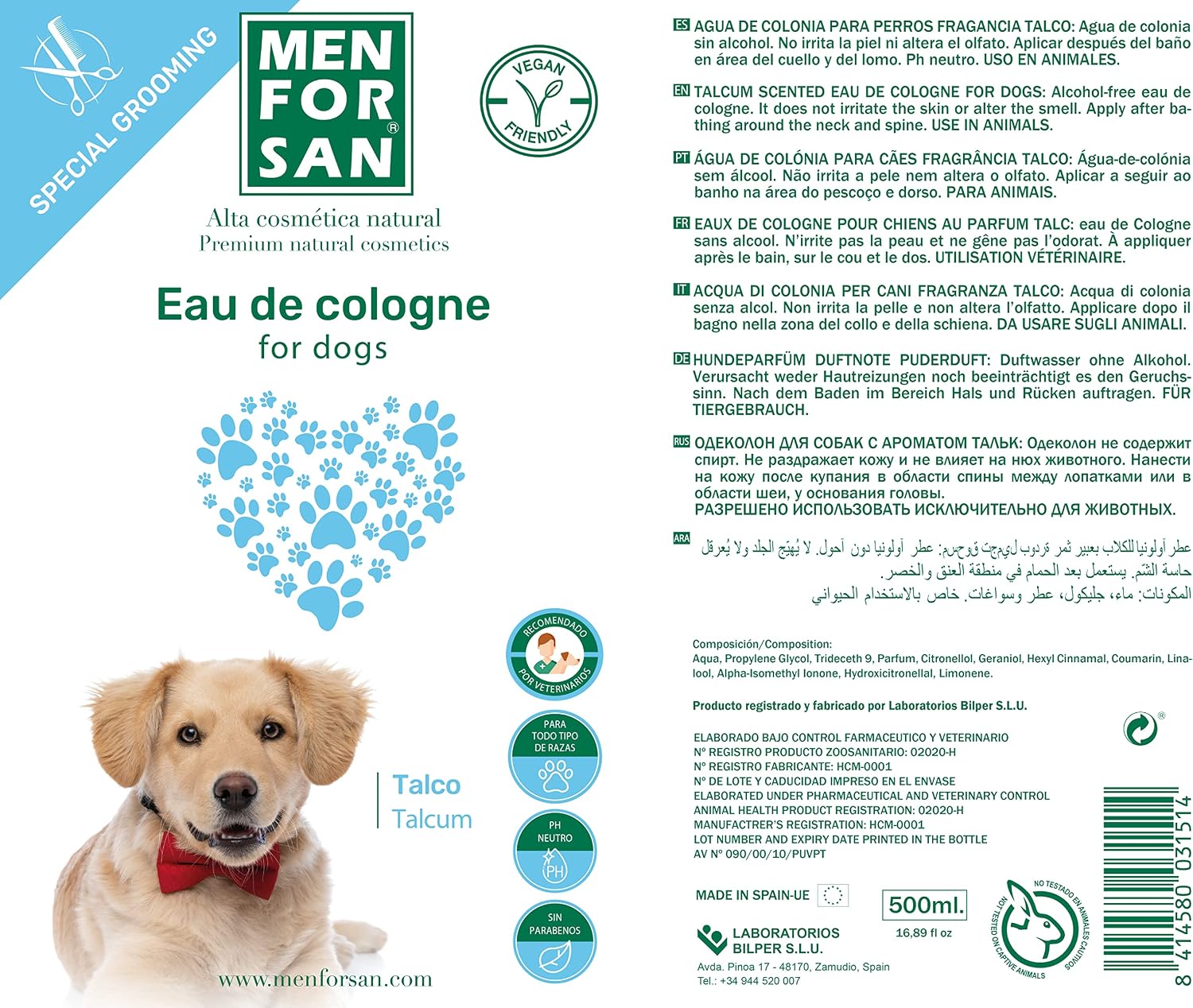 Detalle de Menforsan Acqua di Colonia per Cani di Talco 500 Ml – Profumo Dolce e Intenso