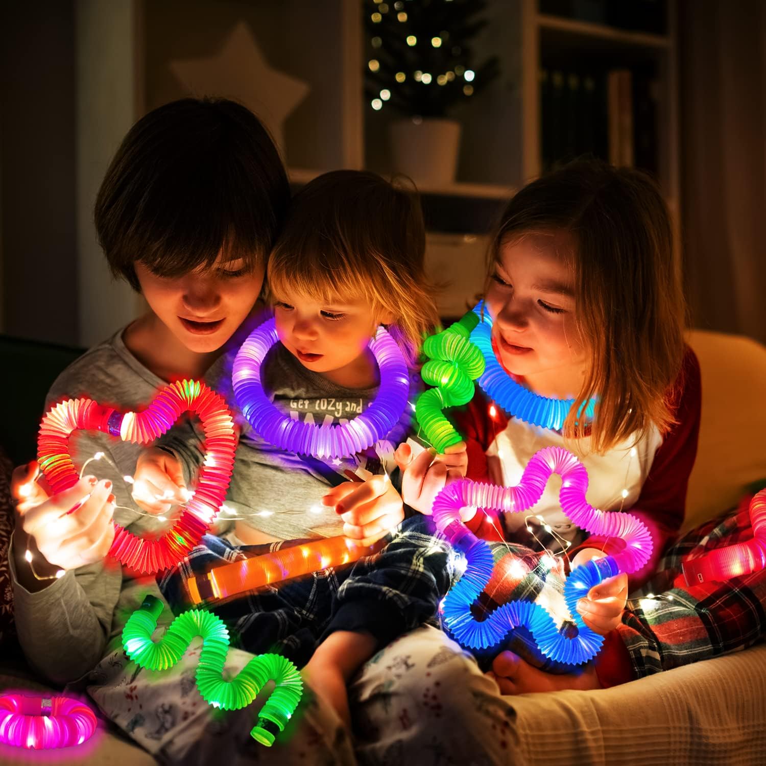 Thumbnail 1 de Light Up Pop Tube Toys (6-Pack) for Toddlers, LED Glow Stick Bracelet & Necklace Party Favors