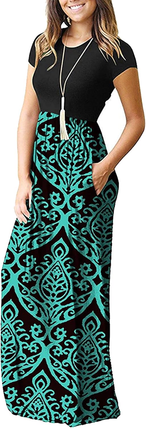 Detalle 2 de AUSELILY Damen Kurzarm Sommer Casual Long Maxi Kleider mit Taschen – locker, bodenlang & mit praktischen Seitentaschen