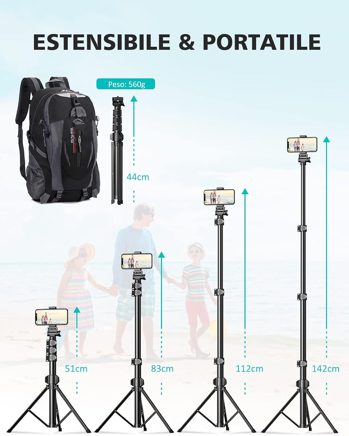 Thumbnail 1 de CIRYCASE 142cm/55.9" Treppiede Smartphone Estensibile All-In-1 con Telecomando Bluetooth