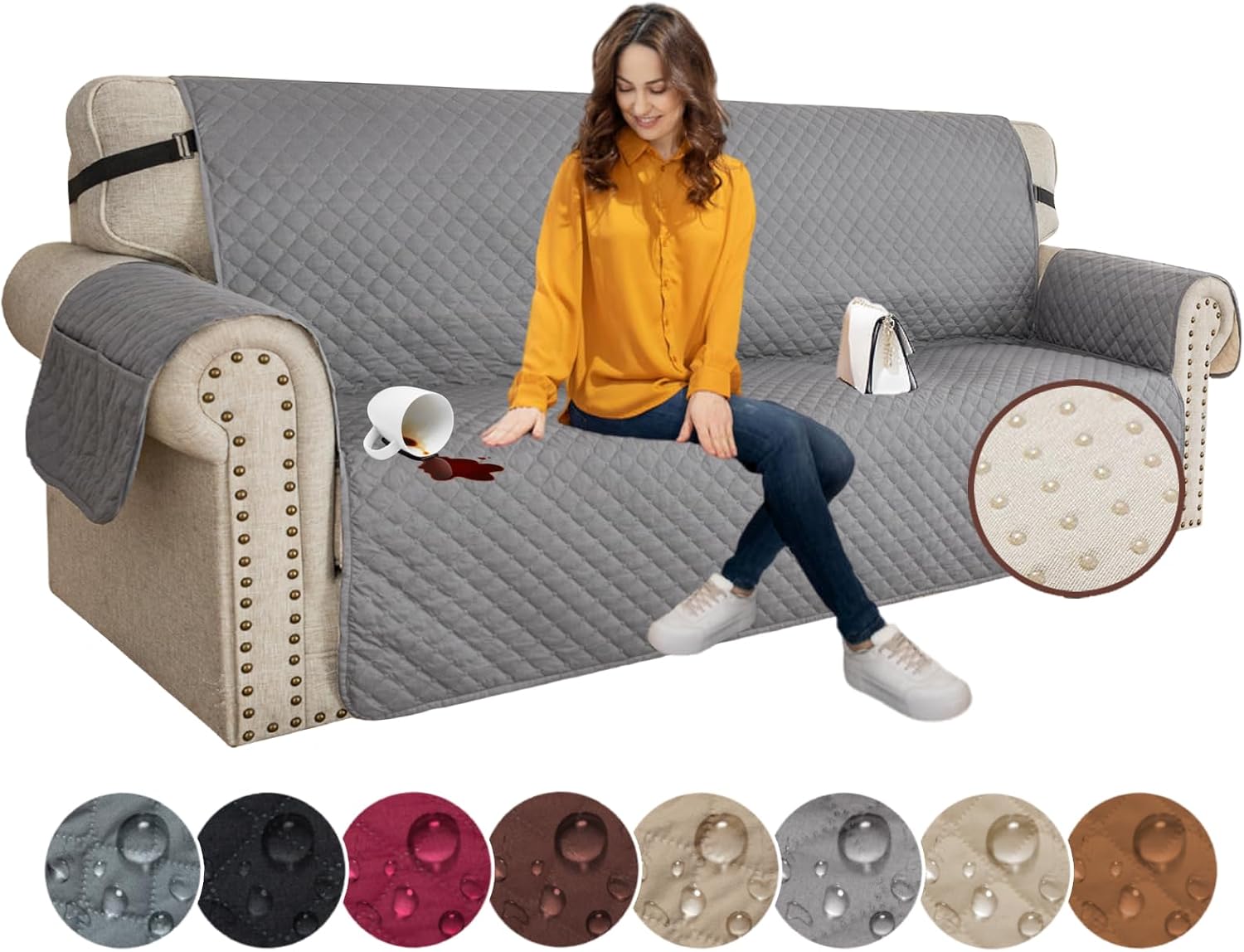 Detalle de XINEAGE Quilted Sofa Covers 3 Seater (Light Grey) – water resistant, reversible sofa protector with elastic straps