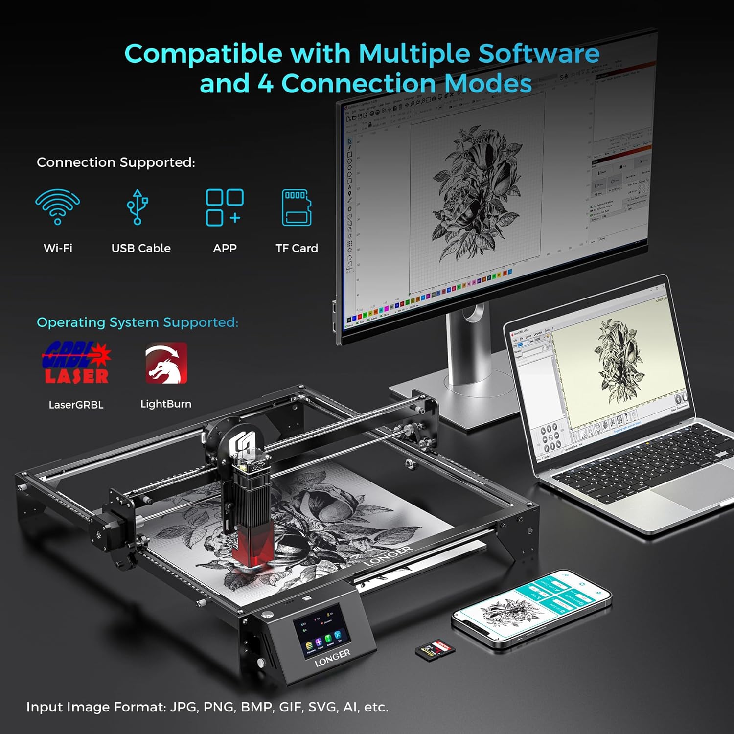 Detalle de LONGER Ray5 10W/60W DIY Laser Engraver & Cutter with 3.5" Touch Screen — 400x400mm, 0.06mm Spot, 10000mm/min