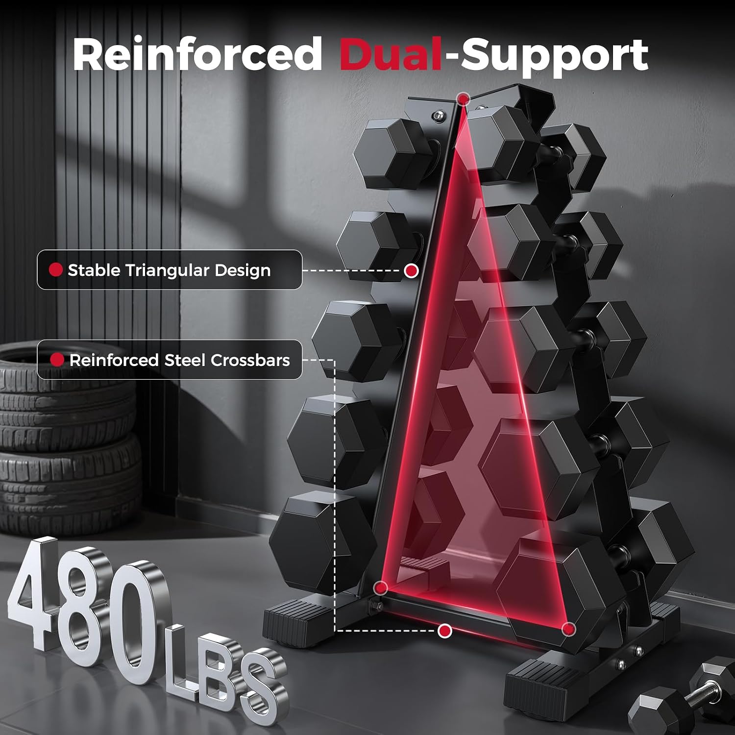 Detalle de AKYEN AKDRBK-US06 Dumbbell Rack, 5-Tier A-Frame, 480 lb Capacity
