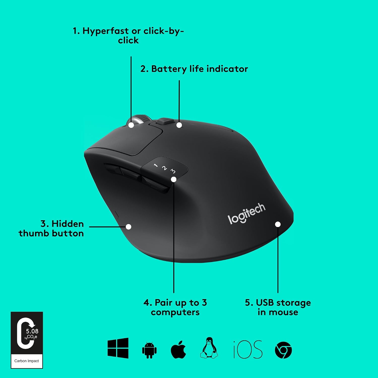 Thumbnail 5 de Logitech M720 Triathalon Full Size Multi-Device Wireless Mouse