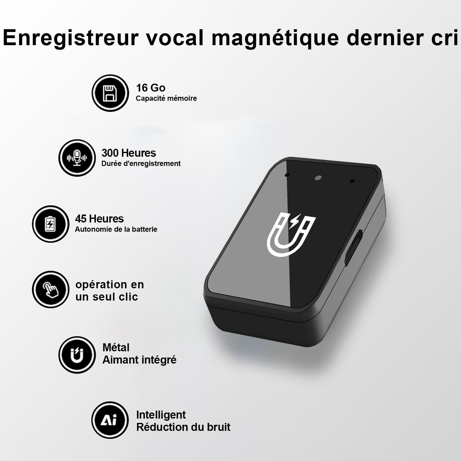 Detalle de Enregistreur Vocal Magnétique 16 Go – USB-C Rechargeable, réduction du bruit