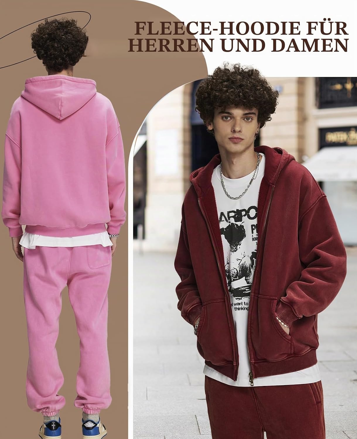 Detalle 2 de HOUZONIY Herren Fleece-Kapuzenpulli mit durchgehendem Reißverschluss – Oversized Zip Hoodie Y2k Hip Hop Stil