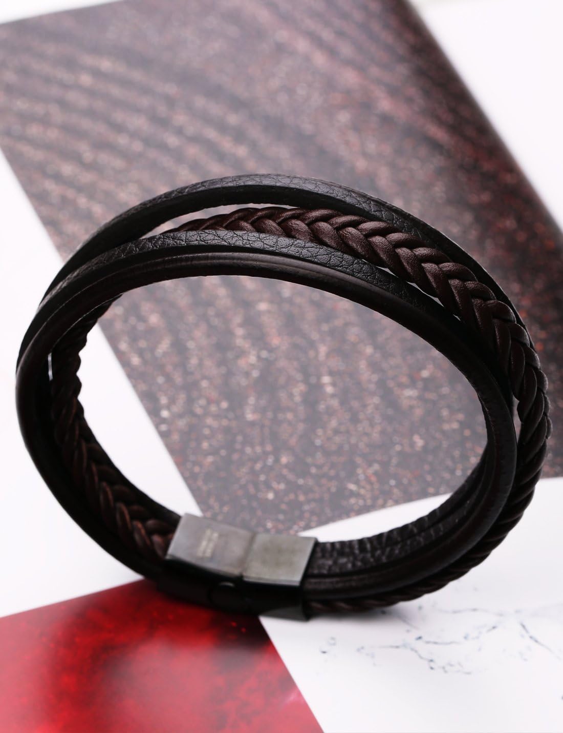 Thumbnail 6 de murtoo Herrenarmband Edelstahl Echtleder Naturstein – Geflochtene Manschette mit Magnetverschluss