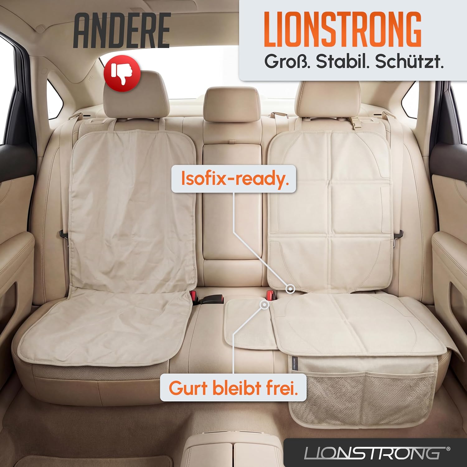 Detalle de LIONSTRONG Kindersitzunterlage mit ISOFIX-Eignung – wasserabweisender Polyester, cremeweiß