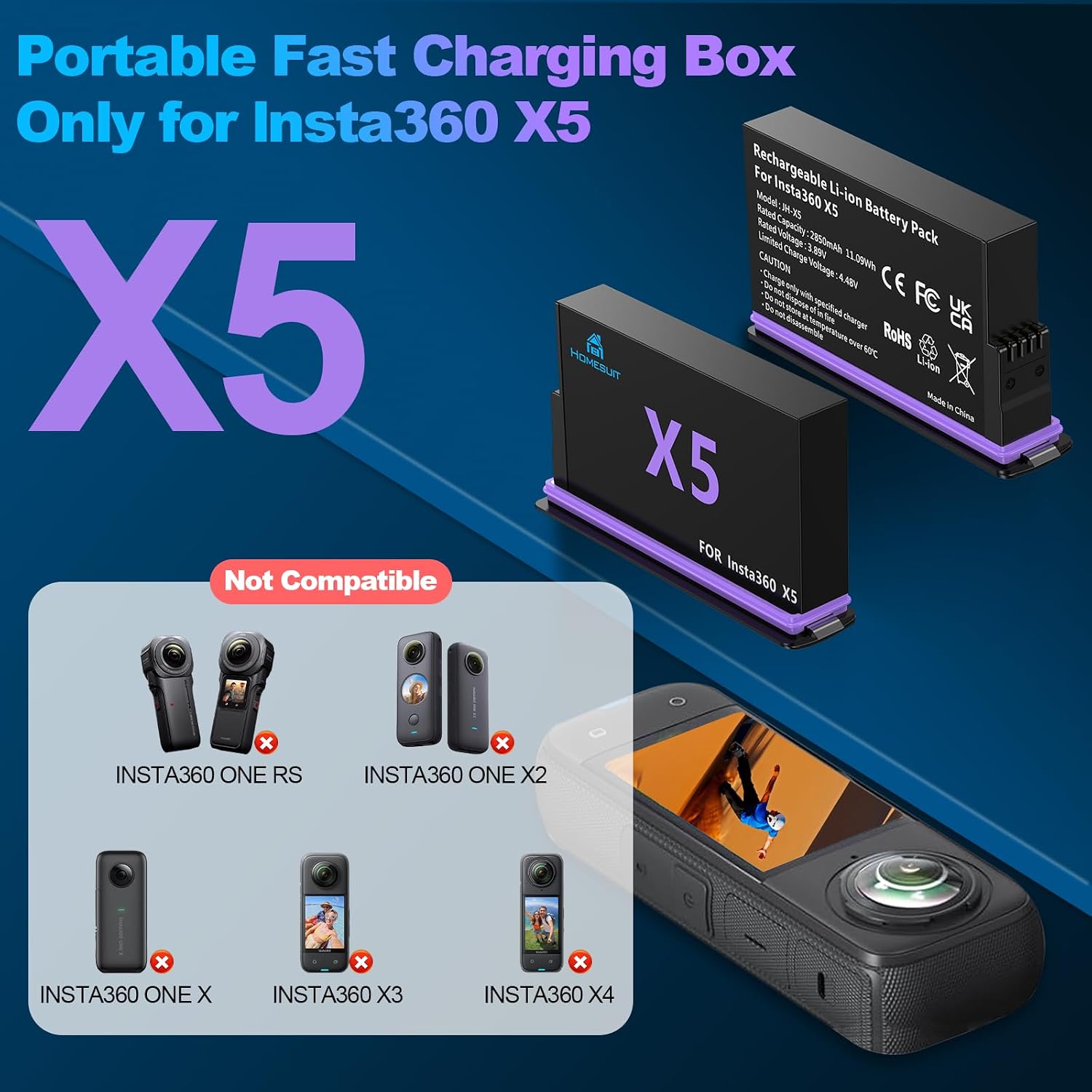 Detalle 2 de Homesuit Insta 360 X5 battery 2850mAh kit