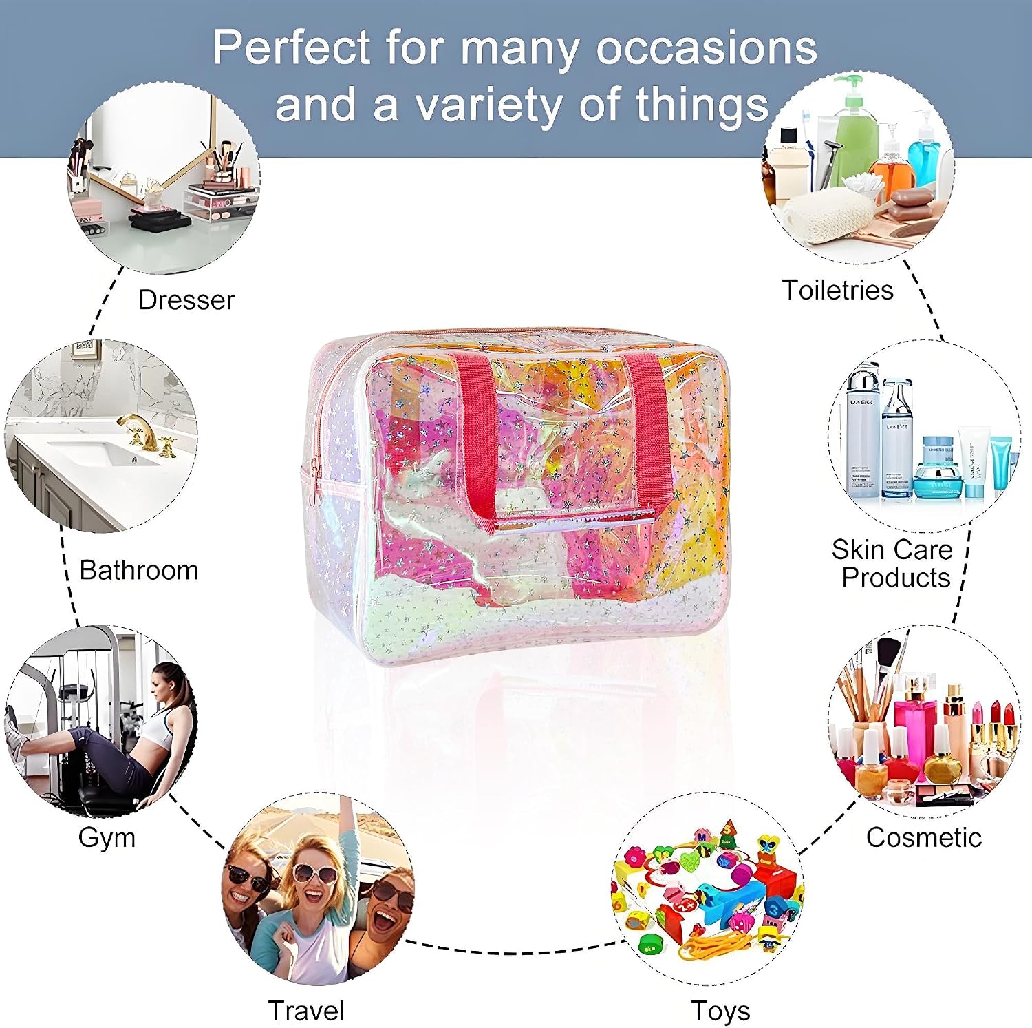 Detalle 2 de TotePrint Clear Star Print Cosmetic Bag (PVC Waterproof) – Holographic Pink, 30 x 13 x 21.6 cm