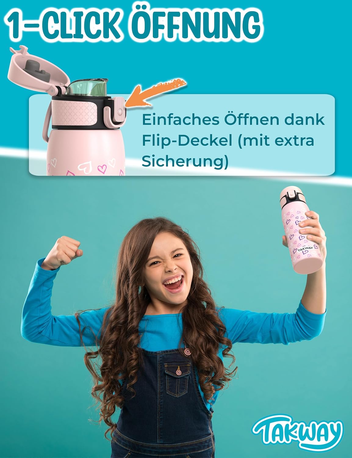 Detalle 2 de TAKWAY Edelstahl Trinkflasche Kinder 550ml Flamingo – auslaufsicher, isoliert und kohlensäuregeeignet