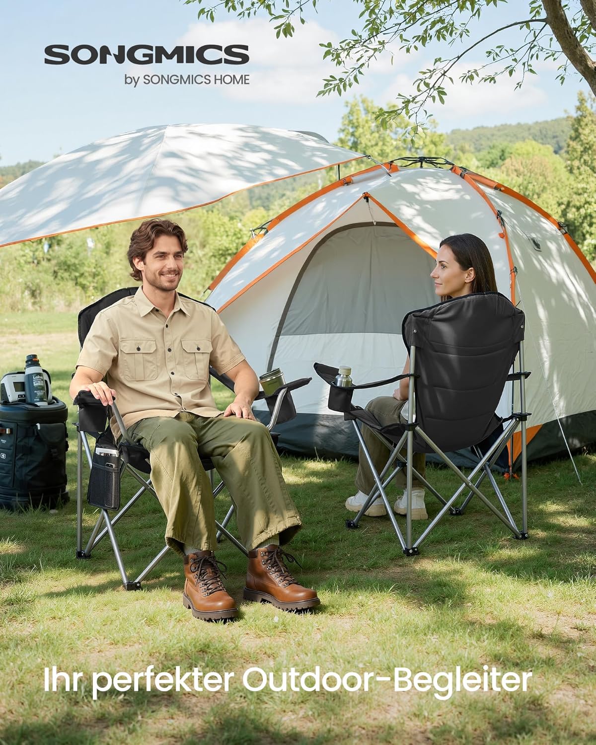 Detalle de SONGMICS Campingstuhl GCB005BH01 – klappbar, breiter Sitz, hohe Rückenlehne, inkl. Getränkehalter und Handyhalter