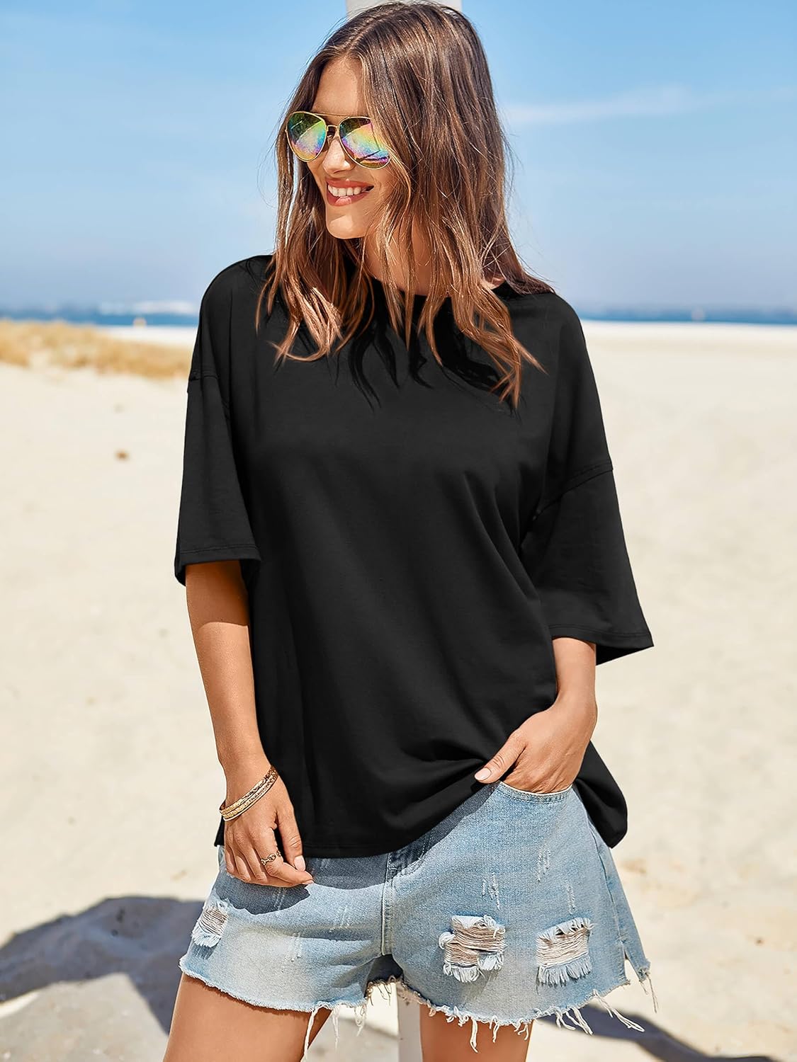 Thumbnail 1 de Tankaneo Women’s Oversized T-Shirts — Eco Soft Side Slit Crew Neck Short Sleeve Tee
