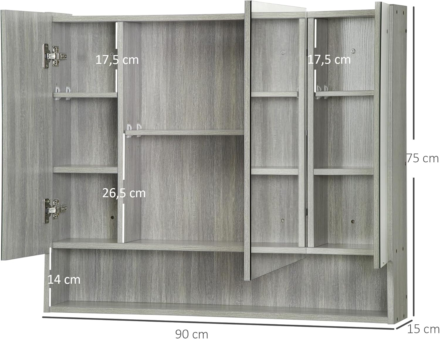 Thumbnail 1 de kleankin Armoire murale de salle de bain avec miroir et 3 portes, 90 x 15 x 75 cm, gris
