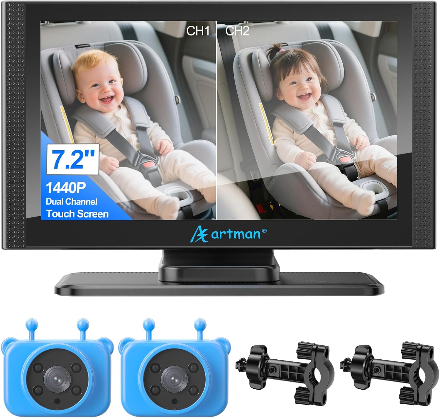 Detalle de Baby Kamera Auto für 2 Kinder – 7,2 Zoll Split-Screen Doppelkamera HD 1440P, 360° Drehbar, IR-Nachtsicht