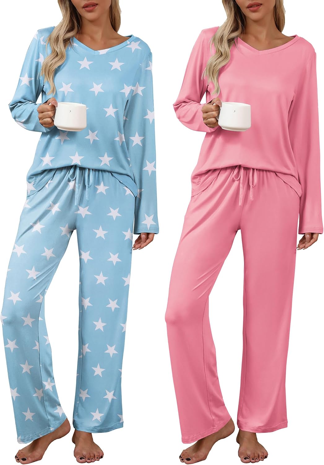 Thumbnail 1 de Ekouaer Women's 2-Pack Long-Sleeve Pajama Sets with V-Neck Tops and Pocket Pants