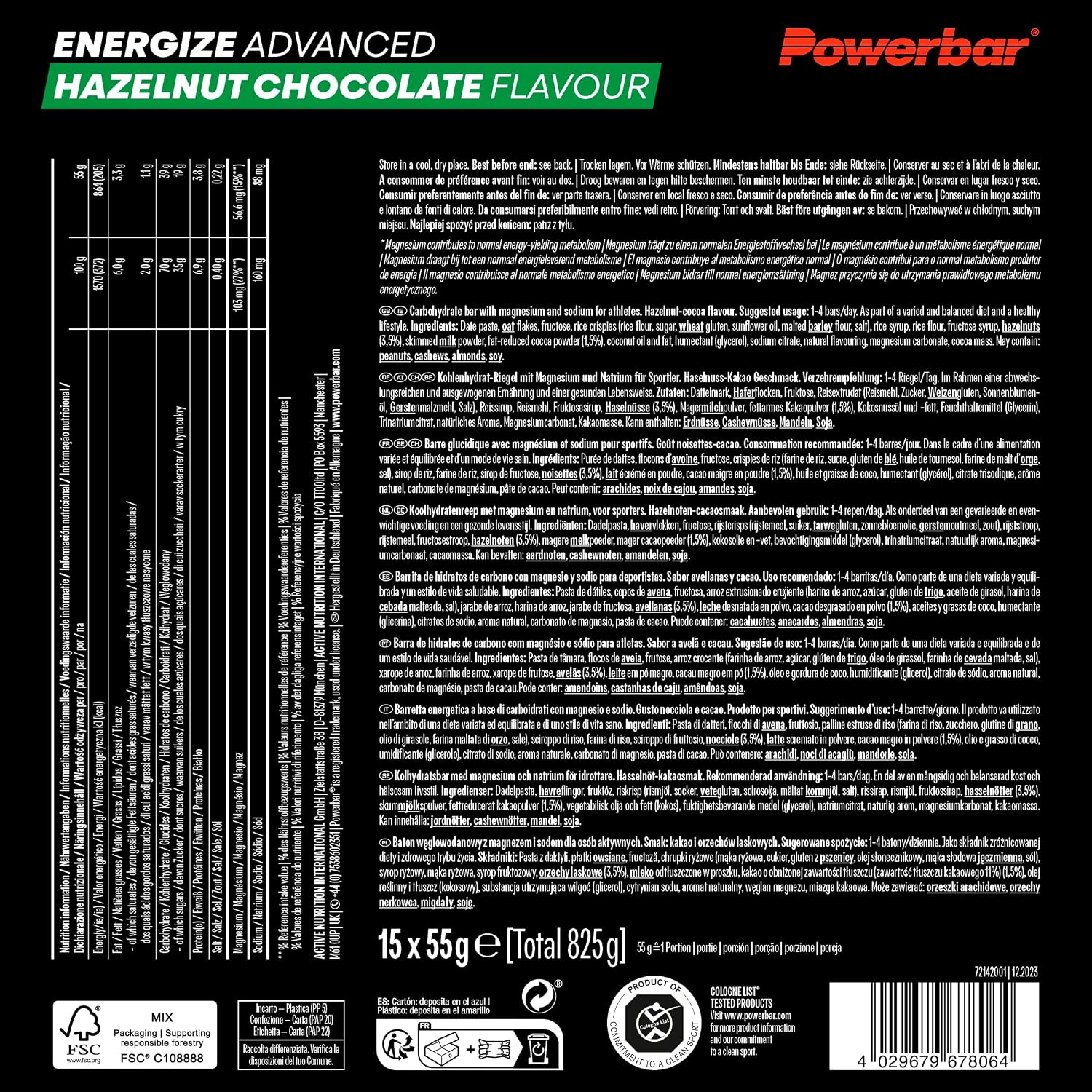 Detalle 2 de Powerbar Energize Advanced Hazelnut Chocolate — Barre énergétique 15x55g, riche en glucides, Magnésium et Sodium