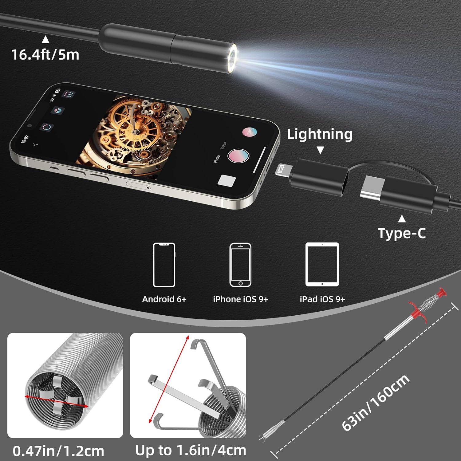 Thumbnail 6 de Ferdiiz Endoscope Inspection Camera with Lights, 1920P HD Inspection Camera, IP67 Borescope 16.5ft Flexible Cable, with 160cm Retractable Pipe Cleaner Claw Grabber, Hair Clog Remover, iOS9+ Android 6+
Ferdiiz Endoscope Inspection Camera with Li…
